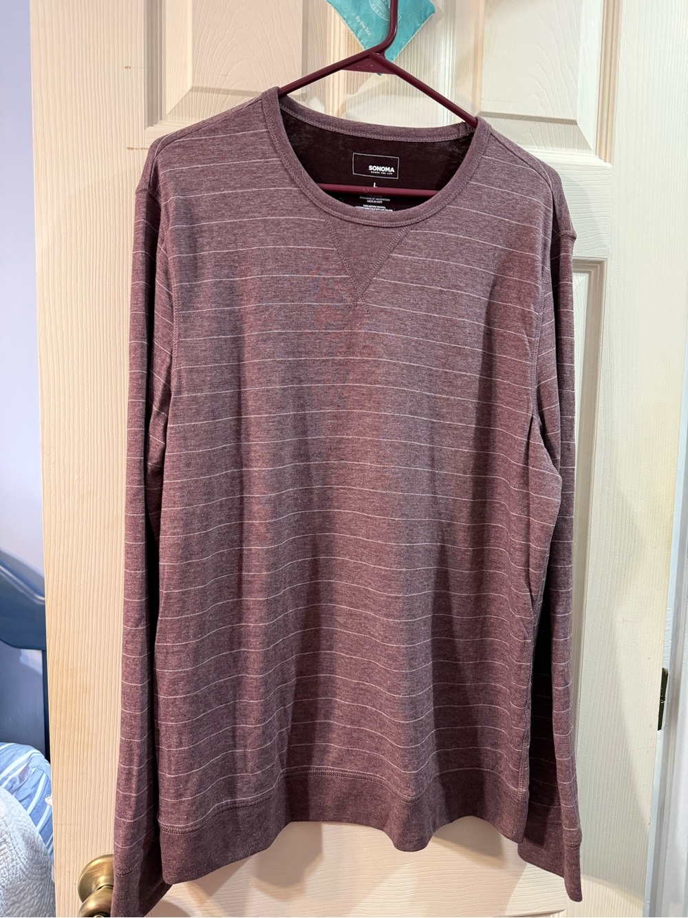 Mens Sonoma Long Sleeve Large Burgundy space dye and white stripe shirt